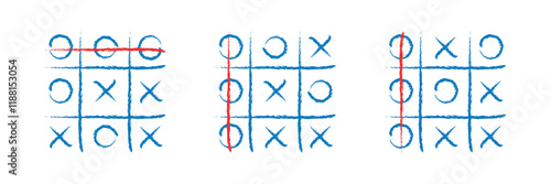 Tic tac toe doodle. Hand drawn sketch tic tac toe kids game. X-O children game set.