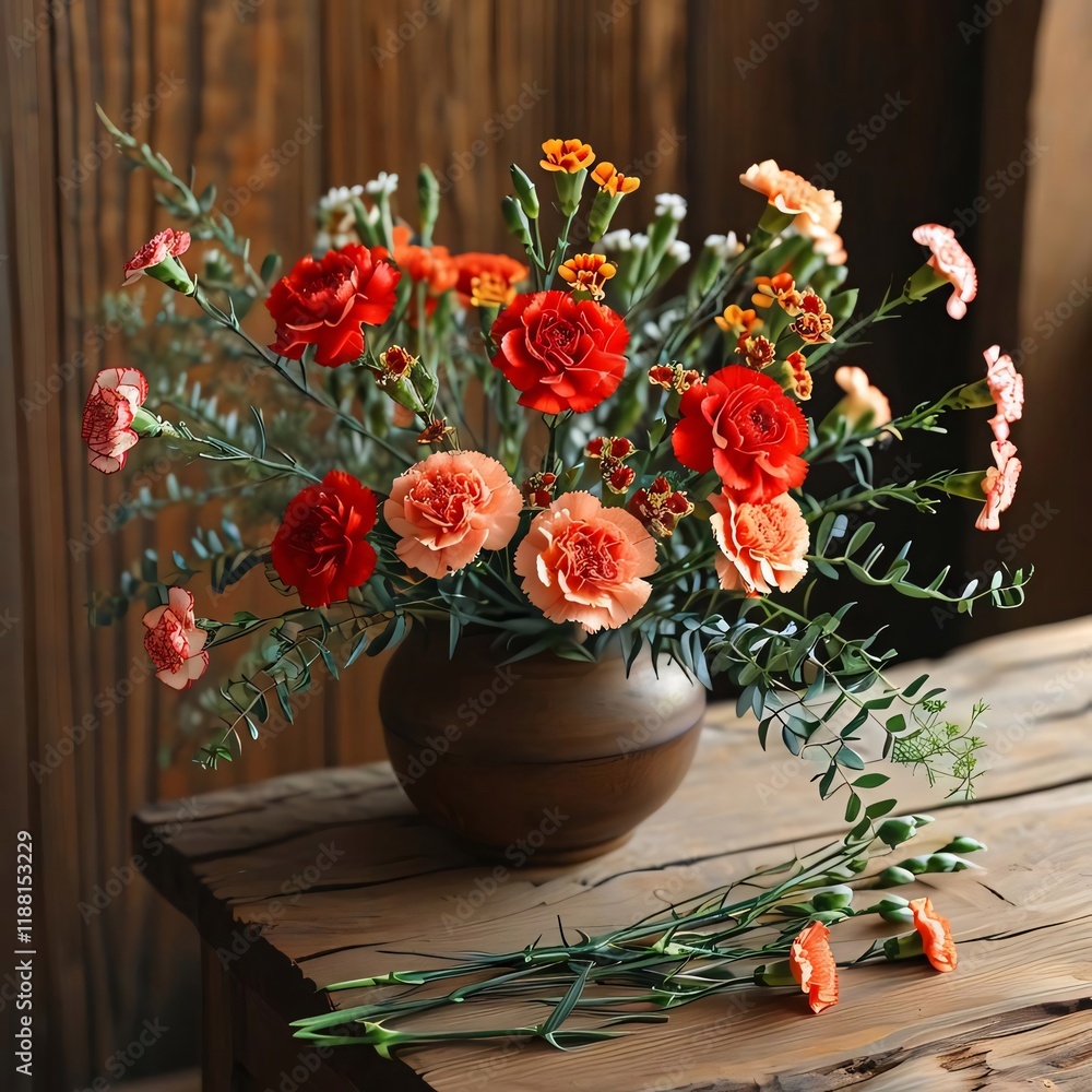 Rustic Carnation Bouquet, Wooden Table, Still Life. Rustic Carnation Bouquet, Wooden Table, Still Life.