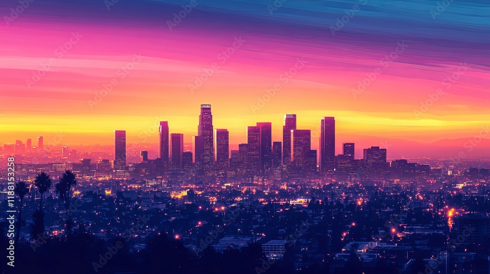 Fototapeta premium Los Angeles Skyline: Vibrant Sunset Hues in a Stylish Cityscape