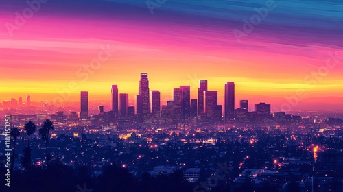 Los Angeles Skyline: Vibrant Sunset Hues in a Stylish Cityscape
