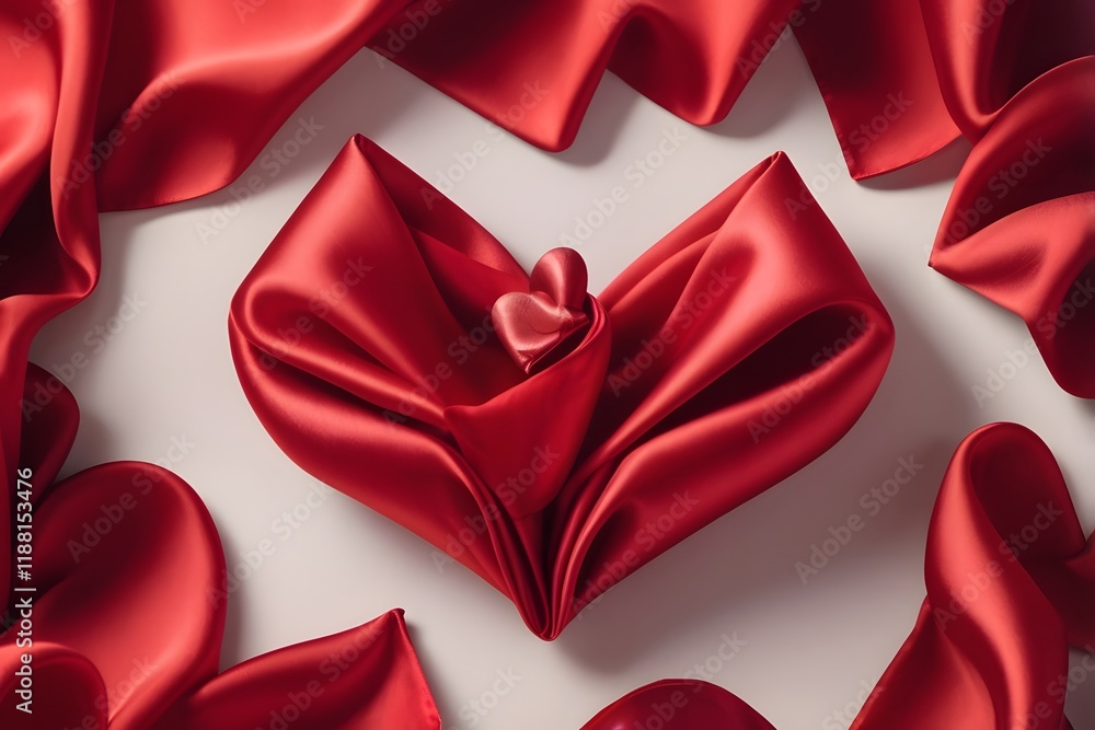 Fototapeta premium Valentine Heart folded Red Silk Fabric, Wedding Love concept