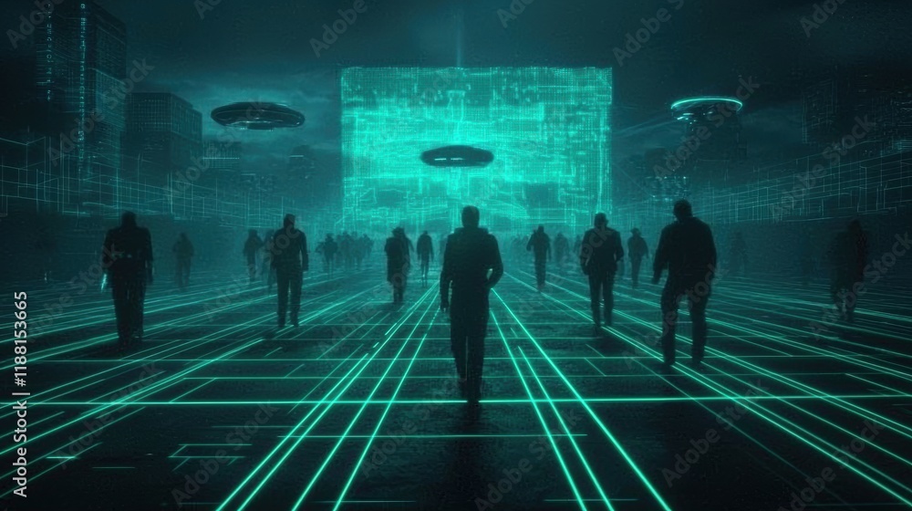 Futuristic Urban Scene with Neon Light and Silhouetted Figures Futuristic Urban Scene with Neon Light and Silhouetted Figures