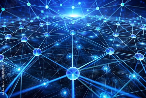 Abstract image of a digital network illuminated by blue light, showing interconnected lines