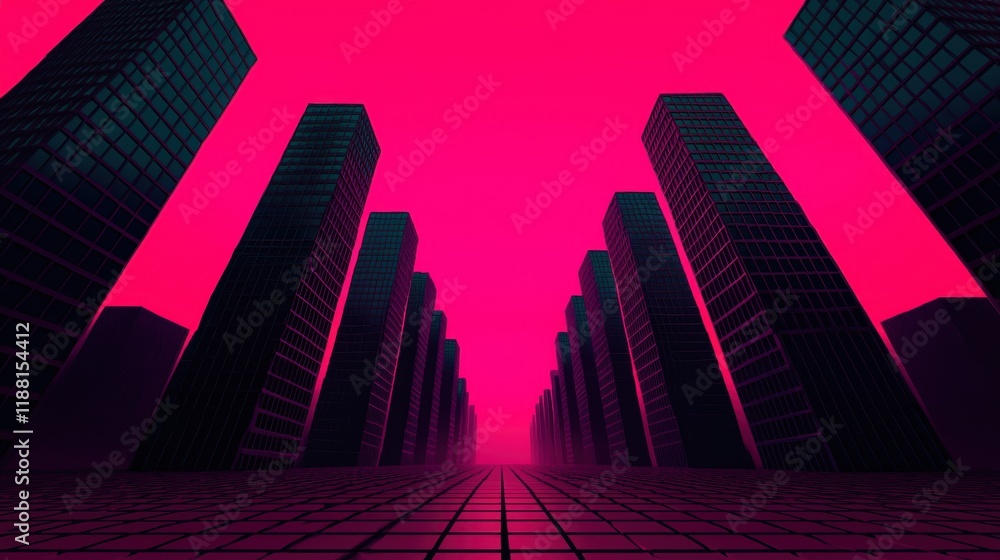 Obraz premium Futuristic Cityscape with Neon Lights and Dark Silhouettes