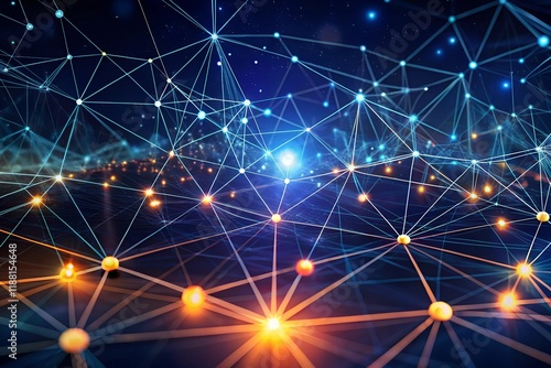 Abstract image of a digital network illuminated by vibrant blue light, interconnected lines