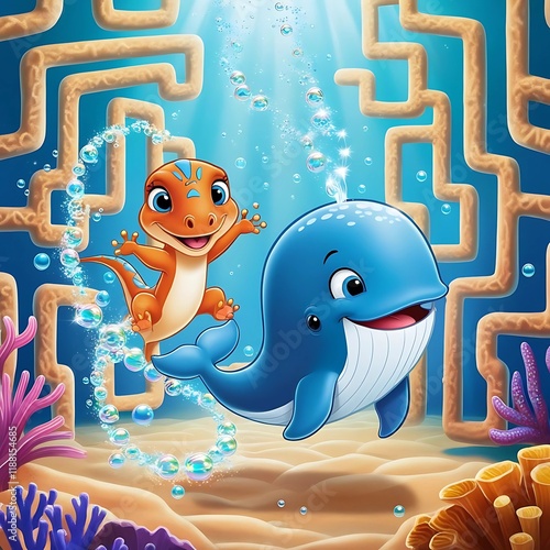 A cartoon baby whale and a blue-tongue skink racing through an underwater maze, leaving a trail of bubbles. photo