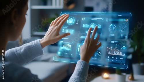 A smart home dashboard controlled by holographic gestures.  Generative AI.