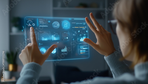 A smart home dashboard controlled by holographic gestures.  Generative AI.