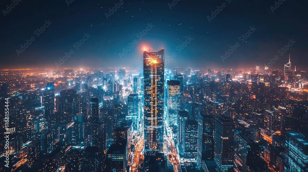 Obraz premium Stunning Night Cityscape with Illuminated Skyscrapers and Skyline