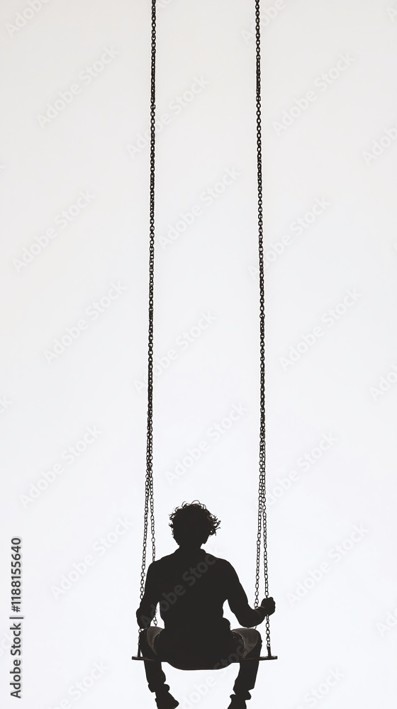 A monochrome silhouette of a person sitting on a swing swaying gently. White background. A monochrome silhouette of a person sitting on a swing swaying gently. White background.