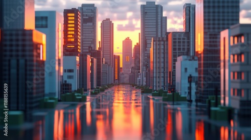 Urban Skyline Reflection at Sunset with Modern Skyscrapers and Water