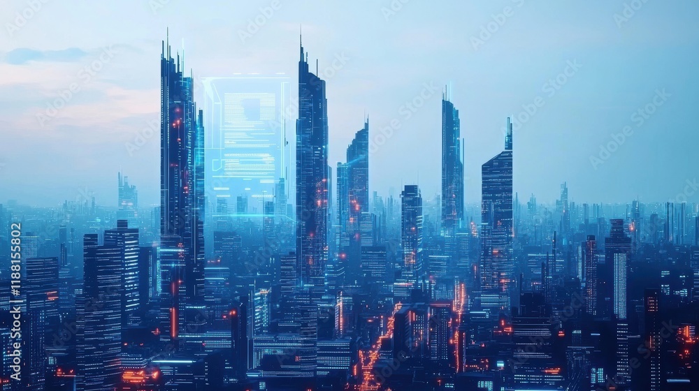 Fototapeta premium Futuristic Cityscape with Towering Skyscrapers and Neon Glow