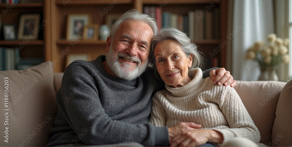 Portrait of Aged Retired Couple Hugging and Resting Together at Home Portrait of Aged Retired Couple Hugging and Resting Together at Home
