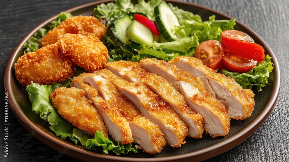 Crispy chicken breast pieces are served with fried sides and fresh vegetables, beautifully arranged on a plate, perfect for a culinary showcase. Crispy chicken breast pieces are served with fried sides and fresh vegetables, beautifully arranged on a plate, perfect for a culinary showcase.