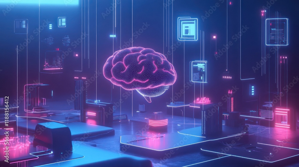 Obraz premium Futuristic brain concept with neon data streams.