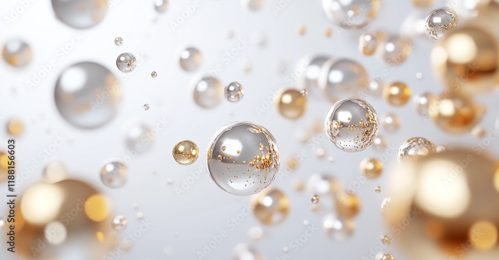 Fototapeta premium Bubbles of gold and silver floating against a bright background create a festive atmosphere and artistic composition