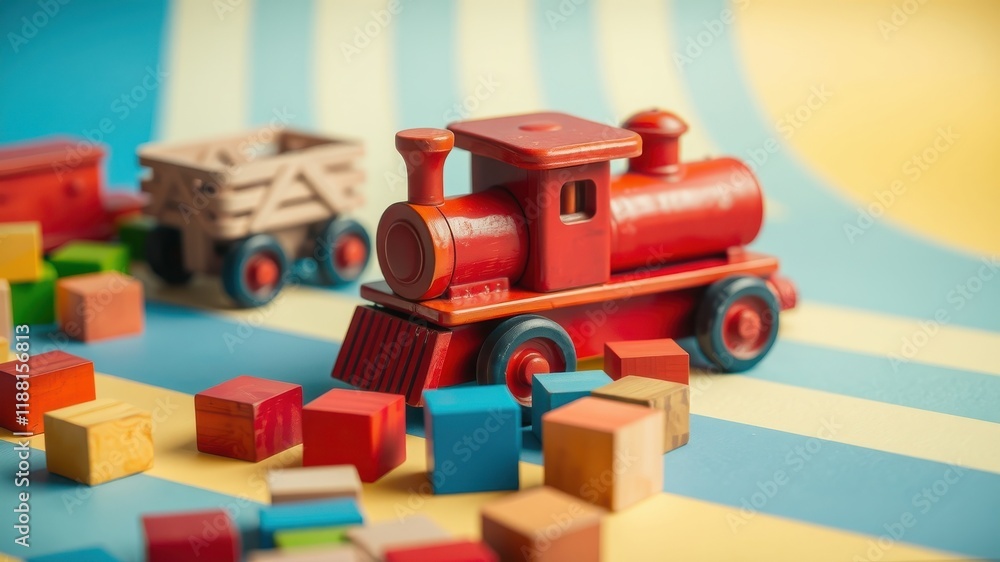 A red toy train engine with a wooden caboose sits on a colorful striped background surrounded by colorful wooden blocks A red toy train engine with a wooden caboose sits on a colorful striped background surrounded by colorful wooden blocks