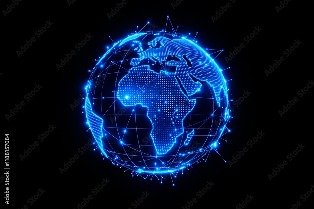 Naklejka premium Glowing blue digital globe with network connections on a dark background.