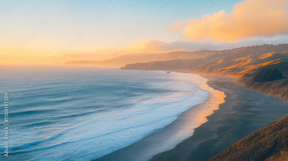 Fototapeta premium Golden sunset over ocean beach. (1)