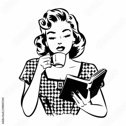 Retro Woman Reading a Book and Drinking Coffee Illustration