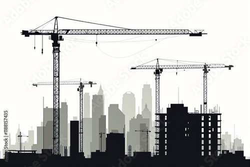 Construction cranes and buildings in silhouette with city skyline in background. photo