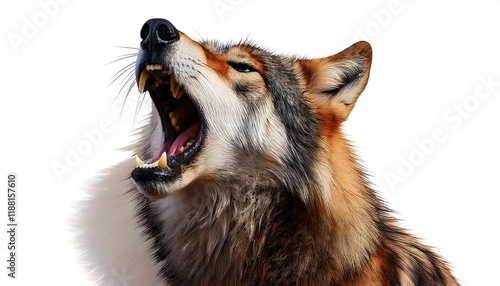 3D high resolution wolf head howling on white background. photo