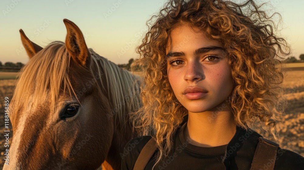 Obraz premium Golden Hour Portrait: A Young Woman and Her Horse
