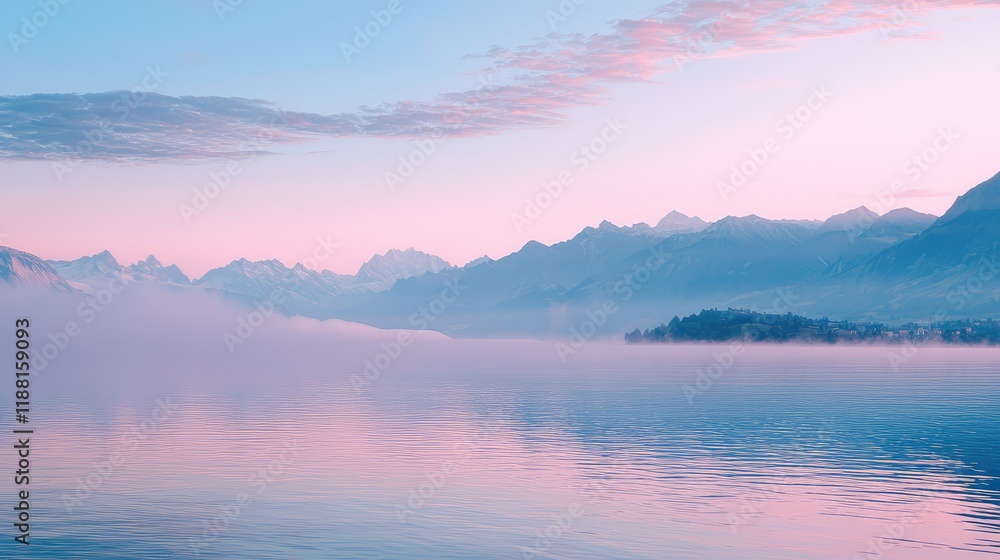 Serene Lake Landscape with Mountains and Mist at Dawn's Light Serene Lake Landscape with Mountains and Mist at Dawn's Light