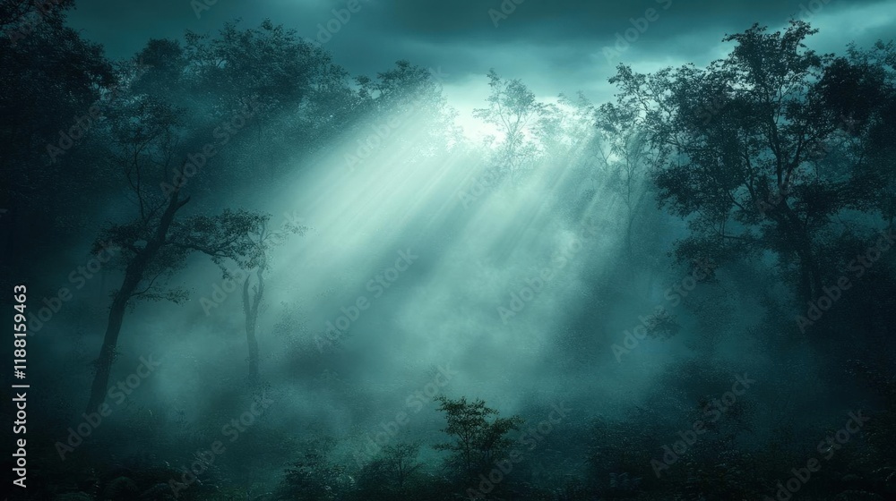 Enigmatic Forest Path with Beams of Light Piercing Through Dense Fog Enigmatic Forest Path with Beams of Light Piercing Through Dense Fog