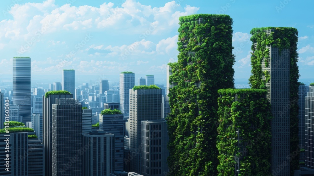 Modern Urban Jungle with Lush Green Rooftops and Glass Skyscrapers Modern Urban Jungle with Lush Green Rooftops and Glass Skyscrapers