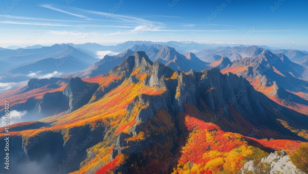 Fototapeta premium Majestic Autumn Mountains, A panoramic vista of fall foliage adorning jagged peaks under a clear blue sky