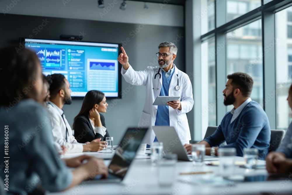 Doctor leading a business meeting with a team, discussing data on a screen in a modern office setting. Doctor leading a business meeting with a team, discussing data on a screen in a modern office setting.