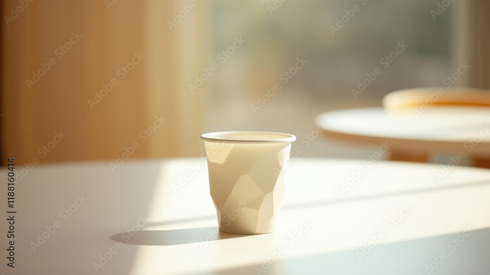 A geometrically patterned white cup sits on a minimalist white table with soft, natural light streaming in from a window. A geometrically patterned white cup sits on a minimalist white table with soft, natural light streaming in from a window.