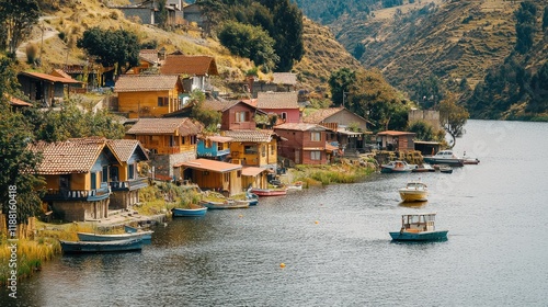 Vibrant Lakeside Village with Colorful Houses and Small Boats