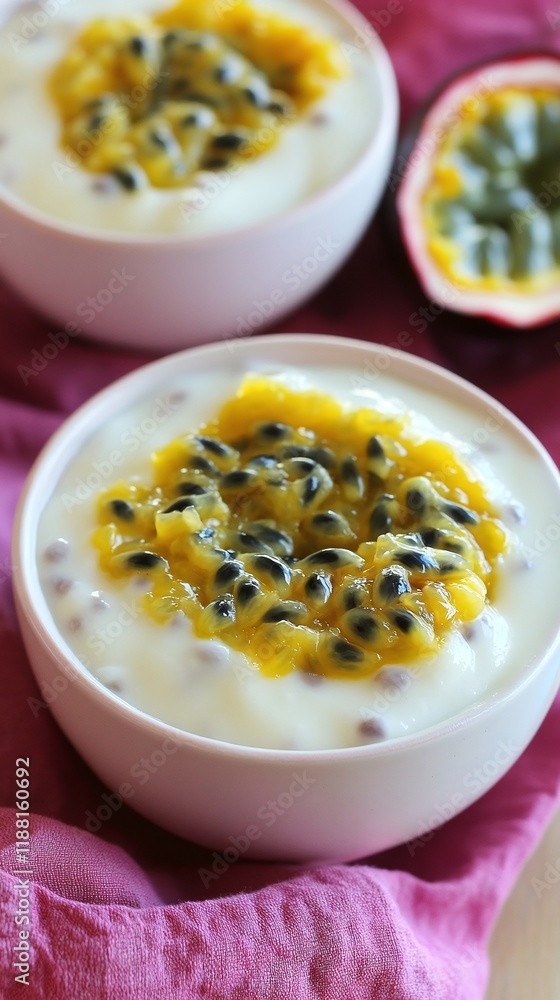 A serving of probiotic coconut yogurt with passion fruit topping. A serving of probiotic coconut yogurt with passion fruit topping.