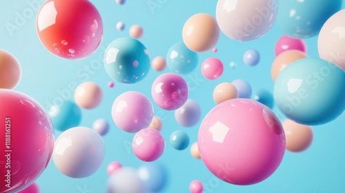 Colorful glossy spheres floating on a light blue background.