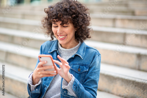 Young woman with curly hair in a denim jacket smiling while using phone outdoors