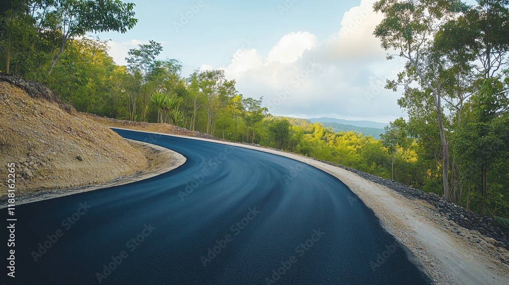 Fototapeta premium The paved road curves uphill, surrounded by lush greenery and framed by a crisp blue sky dotted with clouds, highlighting nature’s harmony.
