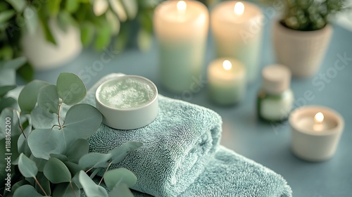 Relaxing spa treatment with candles and towels home ambience serenity photo