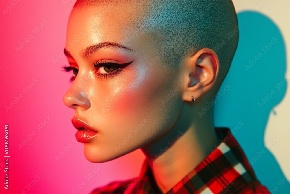 Commercial marketing idea. Pretty calm mixed-race girl - for ads, magazine ad and social internet marketing ad use. Short haircut - bald head - no hair. Advertising african beauty.