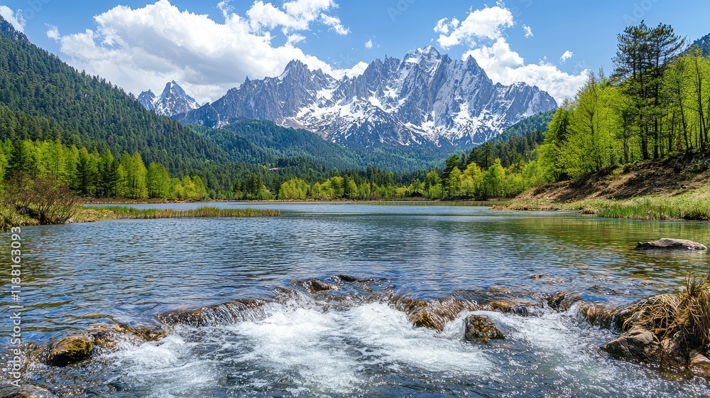 Serene Mountain Landscape with Clear Lake and Snow-Capped Peaks Serene Mountain Landscape with Clear Lake and Snow-Capped Peaks