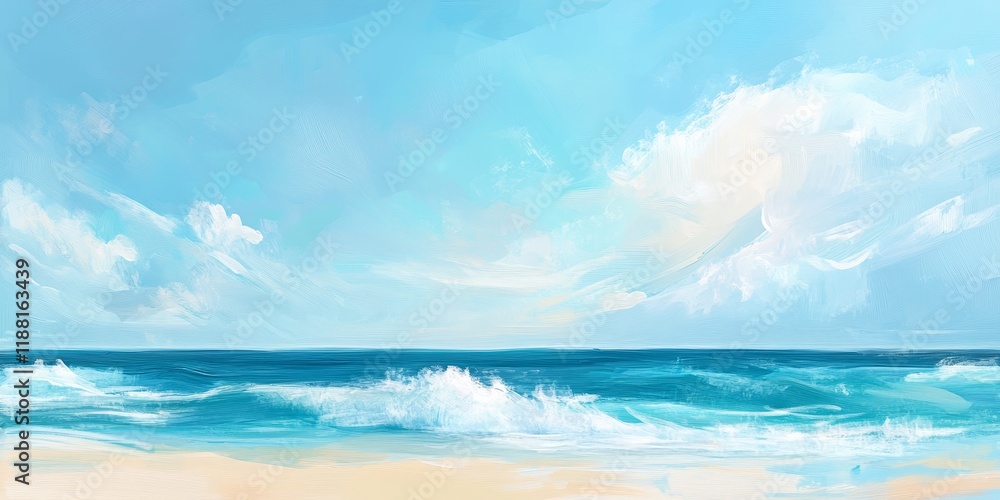A summer scene featuring hues of sky blue and ocean waves, artistically created with a brush. It showcases a skyline with an abstract, hand painted style--perfect for minimalist panoramic artwork. A summer scene featuring hues of sky blue and ocean waves, artistically created with a brush. It showcases a skyline with an abstract, hand painted style--perfect for minimalist panoramic artwork.