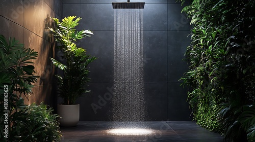 Fototapeta Naklejka Na Ścianę i Meble -  Relaxing rain shower experience in urban jungle space serenity nature