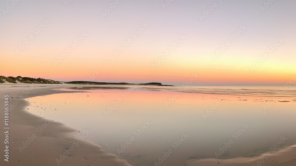 Serene Beach at Sunset with Calm Waters and Colorful Sky Reflections Serene Beach at Sunset with Calm Waters and Colorful Sky Reflections
