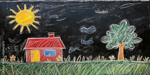 Wallpaper Mural Chalk drawing of a house, tree, sun, and grass on a blackboard by children. This playful chalk drawing captures the imagination and creativity of children s art in vibrant detail. Torontodigital.ca