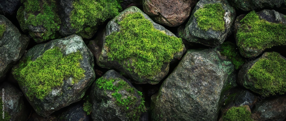 Textured rocks with green moss highlights create a striking natural pattern on the ground in a forest setting Textured rocks with green moss highlights create a striking natural pattern on the ground in a forest setting