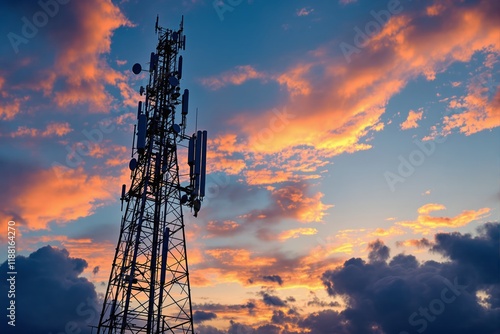Wallpaper Mural Cellular tower against a colorful sunset sky with orange and blue hues. Torontodigital.ca