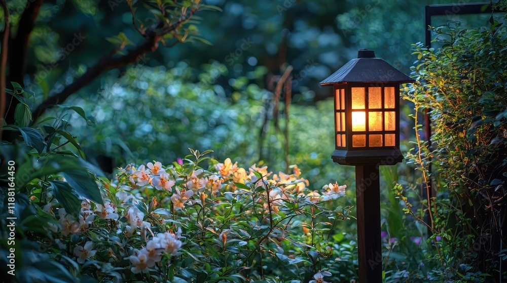 Beautiful Garden Lantern Illuminating Flowers in Serene Evening Setting