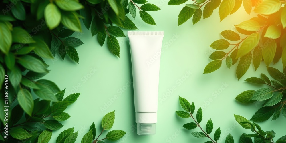 A simple white tube of lotion sits on a vibrant green background surrounded by lush green leaves. The natural sunlight creates a soft glow over the scene, evoking a sense of fresh, clean beauty. A simple white tube of lotion sits on a vibrant green background surrounded by lush green leaves. The natural sunlight creates a soft glow over the scene, evoking a sense of fresh, clean beauty.