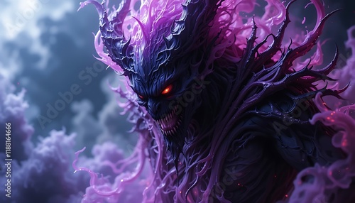 A terrifying close-up of a demonic creature engulfed in vibrant purple flames and dark smoke, showcasing intricate details and glowing red eyes. photo